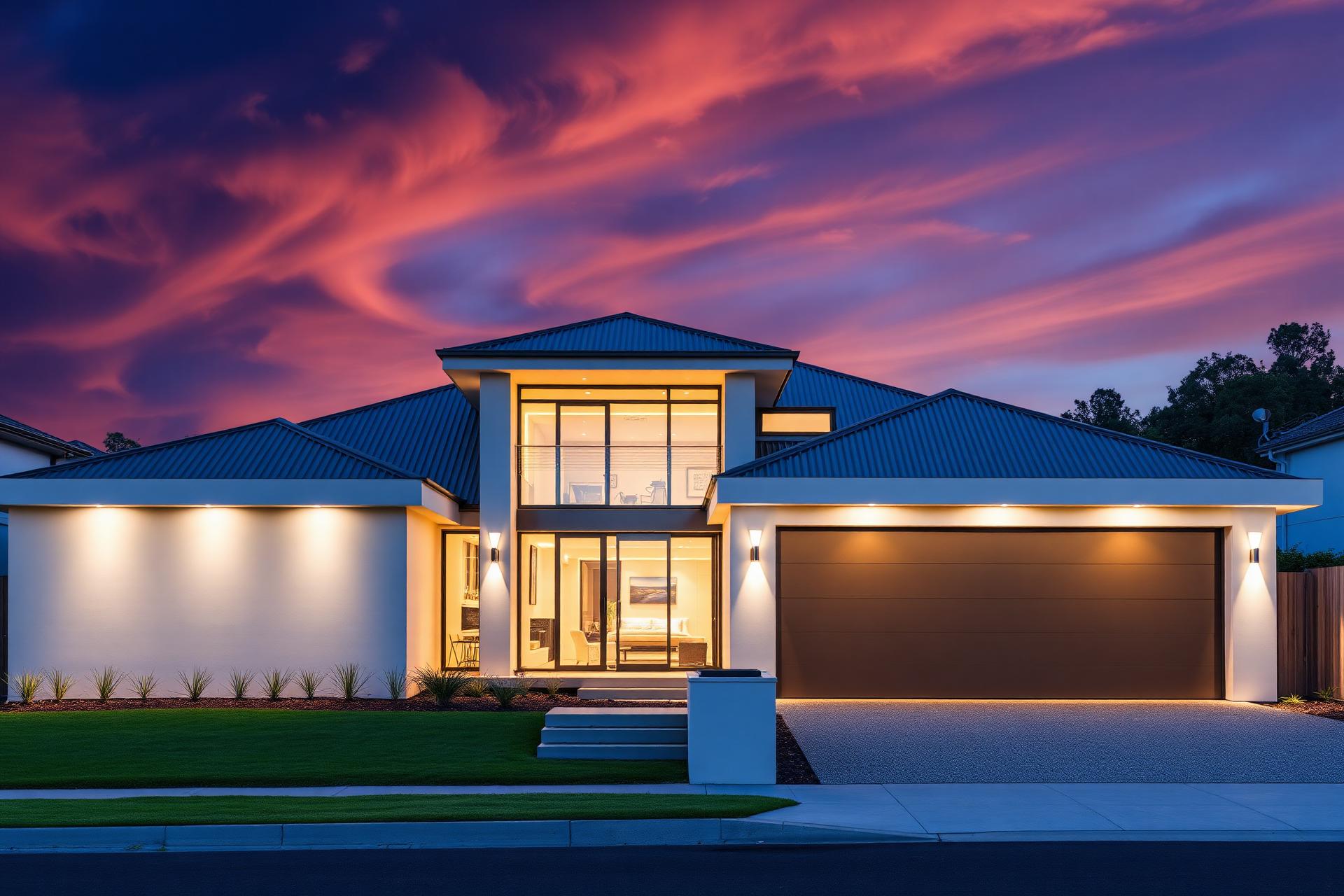 Modern luxury residential home at dusk